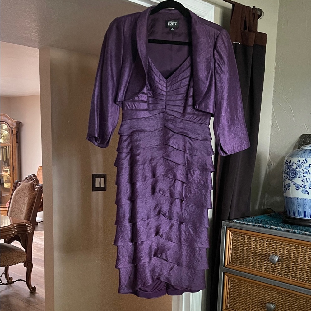 Adrianna Papell Purple Tiered Ruffle Midi Dress with Cropped Jacket